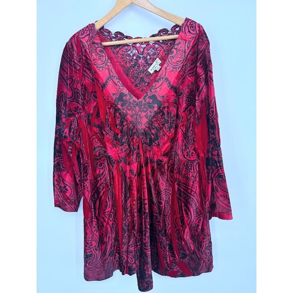 Vamp Gothic Victorian Whimsigoth Red Black Velvet Babydoll Long Sleeve Vneck 2X